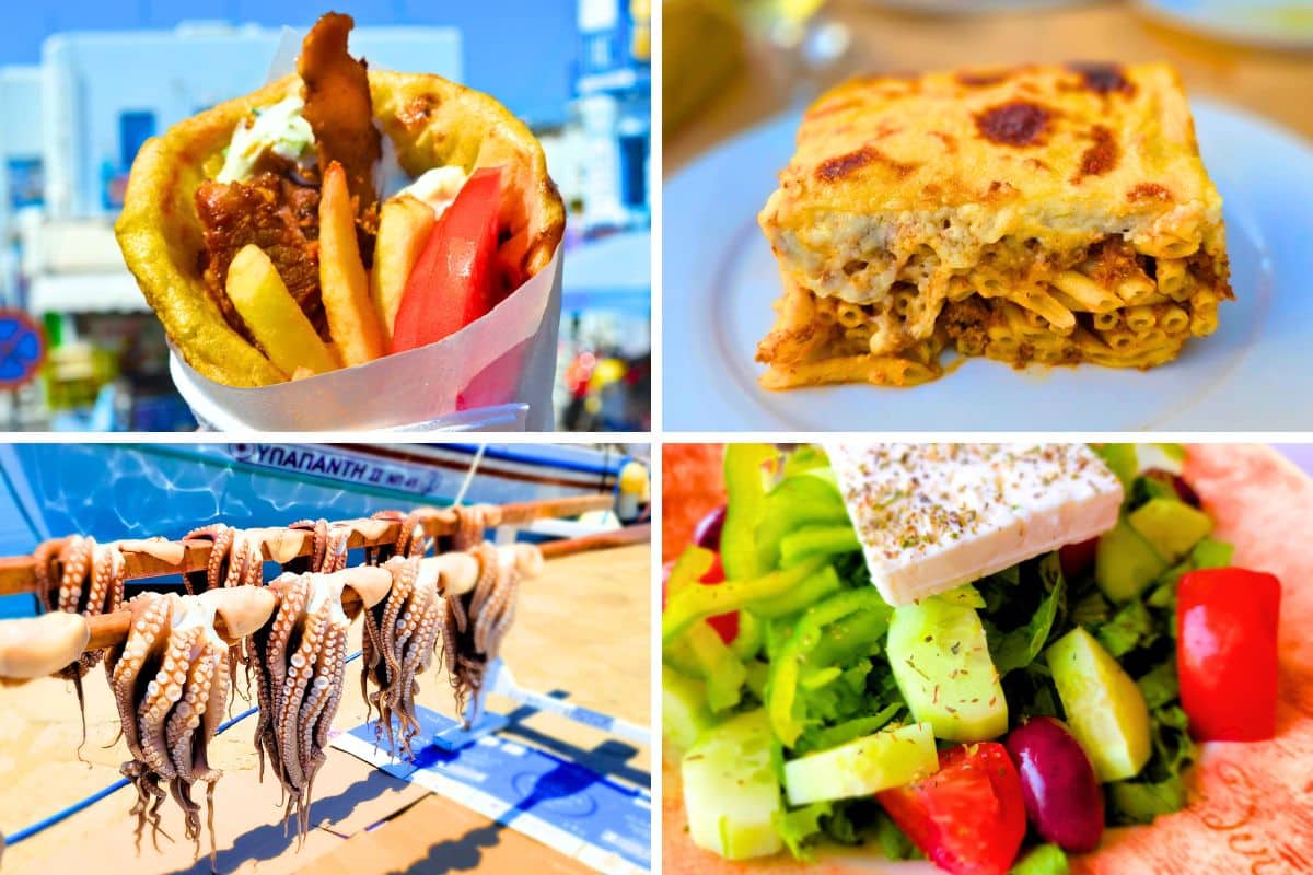 Colorful images of food in Greece including a gyro, pastitsio, calamari, and Greek salad