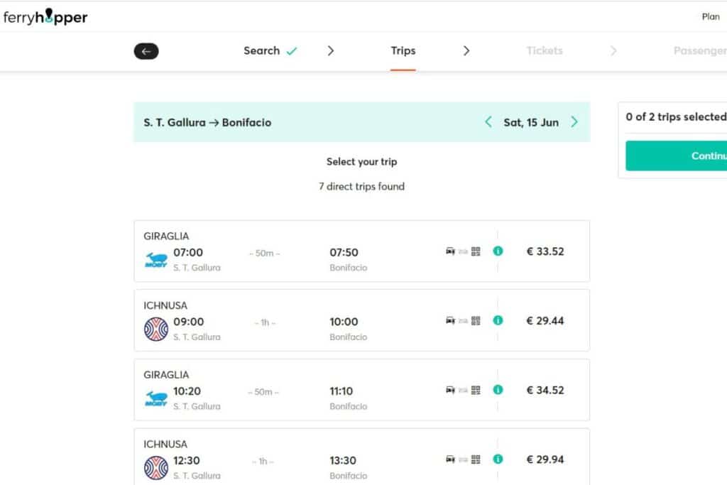 Screenshot of Ferry times from Sardinia to Corsica