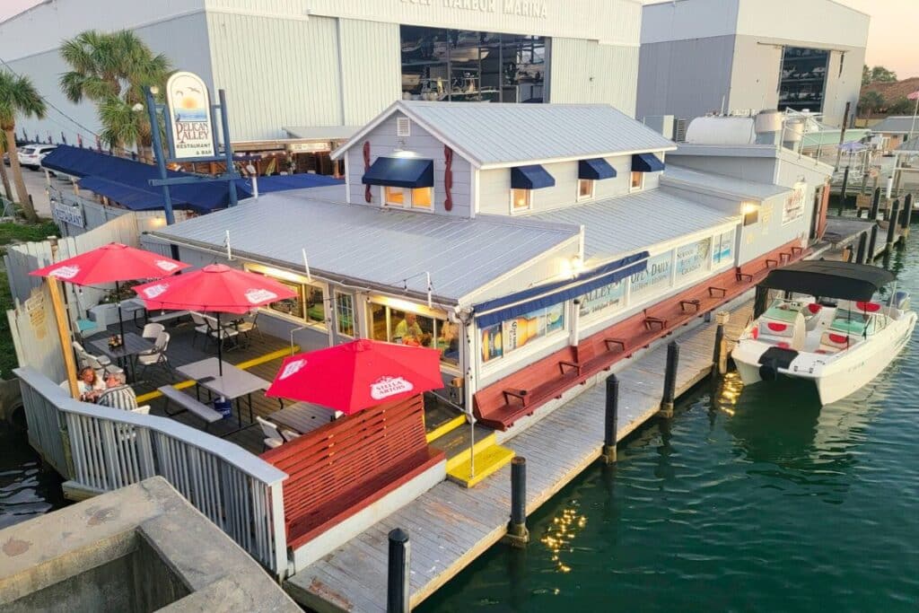 The outside deck along the water at Pelican Alley restaurant