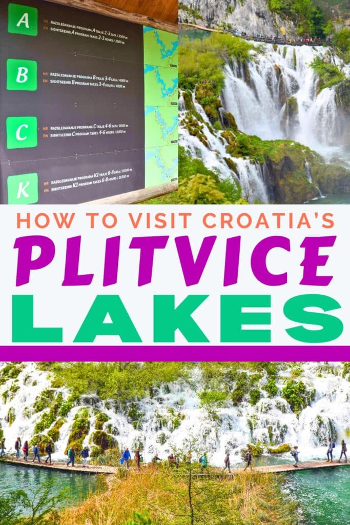 A display board listing different hiking programs and a scenic view of waterfalls and pathways in Plitvice Lakes National Park, a notable destination in Croatia.