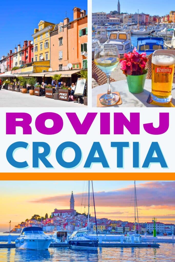 A vibrant collage showcasing Rovinj, Croatia, featuring colorful buildings along the waterfront, outdoor dining scenes, and a picturesque harbor with boats against a summer sky.